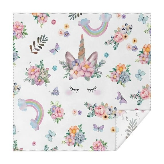White Unicorn Floral Pattern Square Tablecloth,Waterproof Square Table Cover,Wipeable Spillproof Washable Table Cover for Home Kitchen Party Decor 60"x60"(152x152cm)