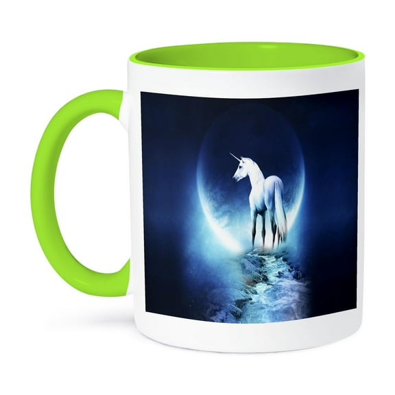 3dRose, White Unicorn In Front Of Full Moon, 15oz Two-Tone Green Mug