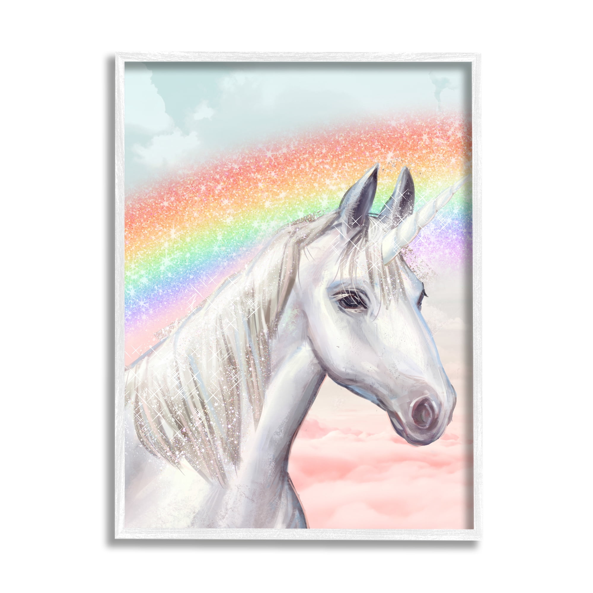 White Unicorn Under Sparkle Rainbow Cloudy Sky 11 in x 14 in Framed Painting Art Prints, by Stupell Home Décor