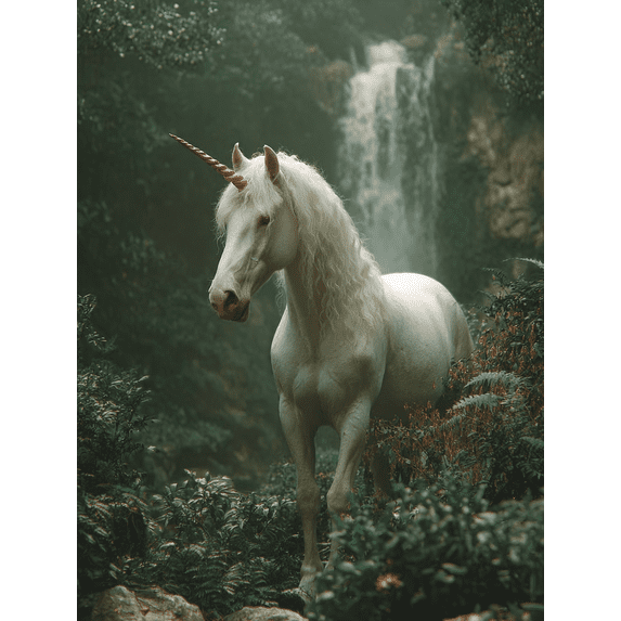 White Unicorn Waterfall Forest Canvas Print, Mystical Fantasy Nature Home Bedroom Wall Decor Art