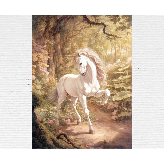 White Unicorn in Enchanted Forest Illustration Fairytale Unicorn Nursery Art, Stretched Canvas 16x20in