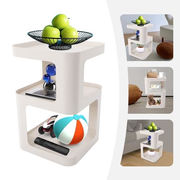 White Unique 3 Tier Side Table Modern Coffee Table Sofa Bedside Table Storage Organizer 13.78*13.78*21.65in