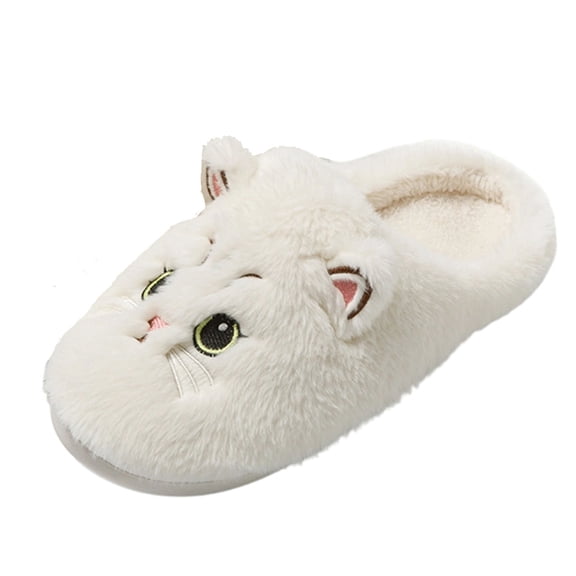 White Unisex Cute Cat Fuzzy Slippers 3D Cartoon Shape Warm Fluffy Lining Casual Comfortable Indoor Shoes Non Slip Sole Soft Daily Home Footwear Size 44