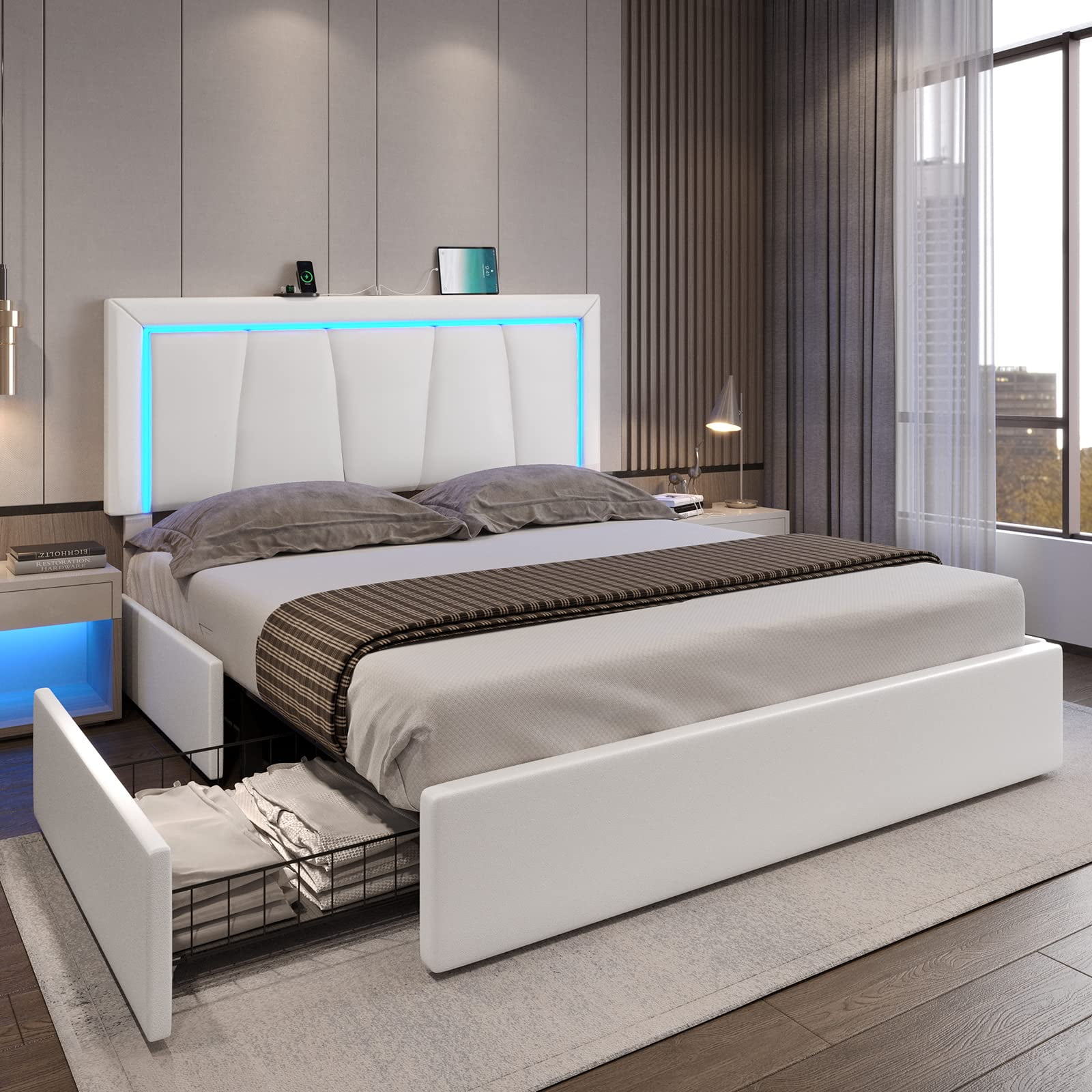 Queen White Faux Leather Upholstered Bed Frame with LED Headboard and Storage Drawers