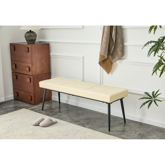 Off White Upholstered Dining Bench for 2-3 People,Premium Leather Seat with High-Resilience Sponge Cushion, Reinforced Metal Beam Center,4 Spray-Coated Steel Legs,for Kitchen or Living Room