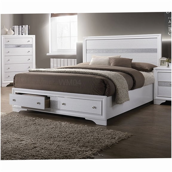 White Upholstered Queen Bed Frame with Drawers, Solid Wood Platform Bed with Headboard