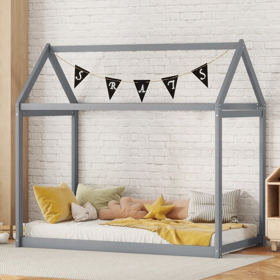 Twin Size wooden platform bed frame with no box spring, gray for bedroom