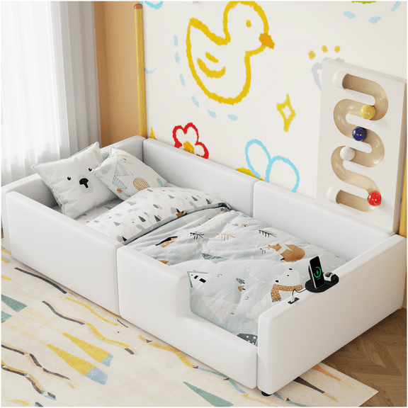 White Upholstered Twin Bed with USB Charging Port, Safety Rails, and Low Profile Platform Base