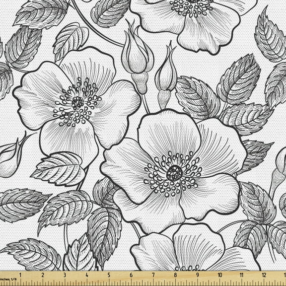 Ambesonne White Fabric by the Yard Upholstery, Budding Blossoming Flowers, 5 Yards, Charcoal Grey and White