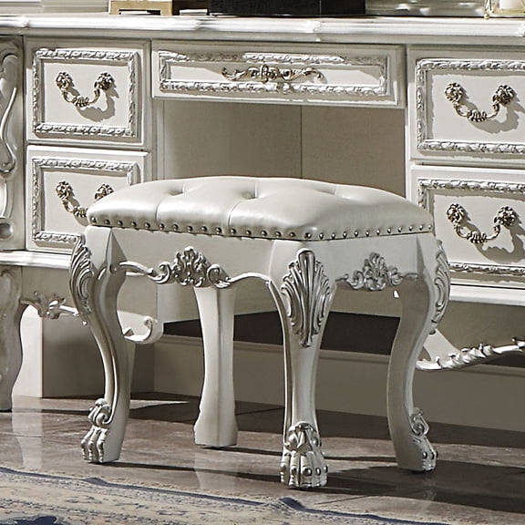White Upholstery - Textured Tufted Surface - Vanity Setting - Graceful Cabriole Legs