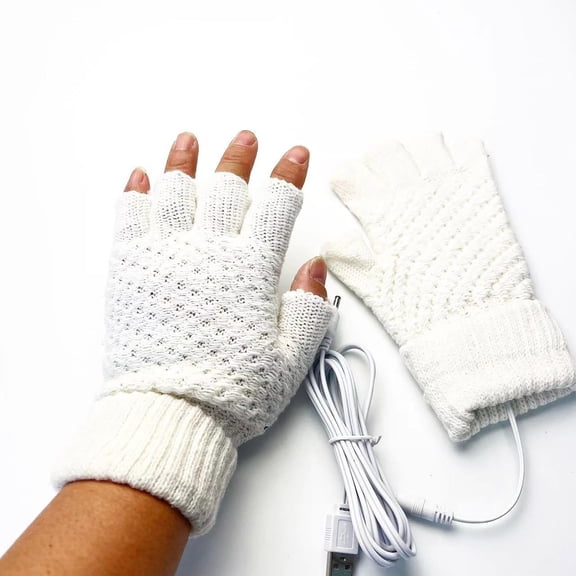 White Usb Heated Gloves Winter Warm Knitted Gloves Fingerless Gloves For Men Women 1 Pair Acrylic Material Hand Protection Cold Weather Use 5V Input 7.5 X 4.5 Inches 0.22 Lb