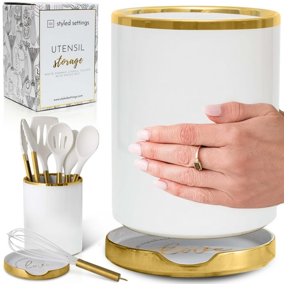 White Utensil Holder with Built-In Ceramic Spoon Rest - 2 PC Luxe White & Gold Utensil Holder for Countertop Includes Large Utensil Holder & White and Gold Spoon Rest - Utensils Not Included
