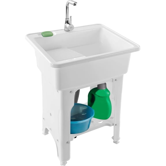 White Utility Sink Laundry Sink with Removable Washboard&Hot and Cold Faucet Indoor Multpurpose Sink Kitchen Storage Rack Freestanding Mount
