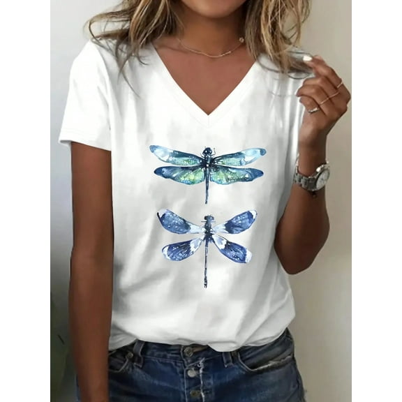 White V - Neck Dragonfly Graphic T - Shirt for Women