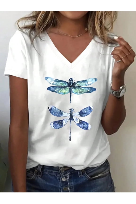 White V - Neck Dragonfly Graphic T - Shirt for Women