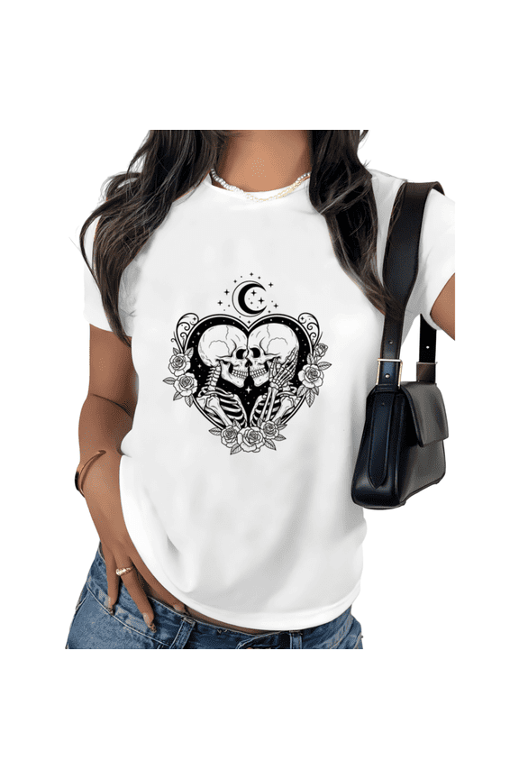 White Vacation Gothic Skeleton Couple Heart Print Graphic Tees Spooky Love Aesthetic Women Casual Short Sleeve Summer Size S-5XL Loose Tops