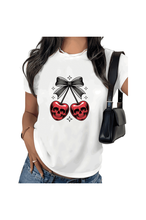 White Vacation Gothic Skull Cherry Bow Print Graphic Tees Spooky Aesthetic Skeleton Women Casual Short Sleeve Summer Size S-5XL Loose Tops