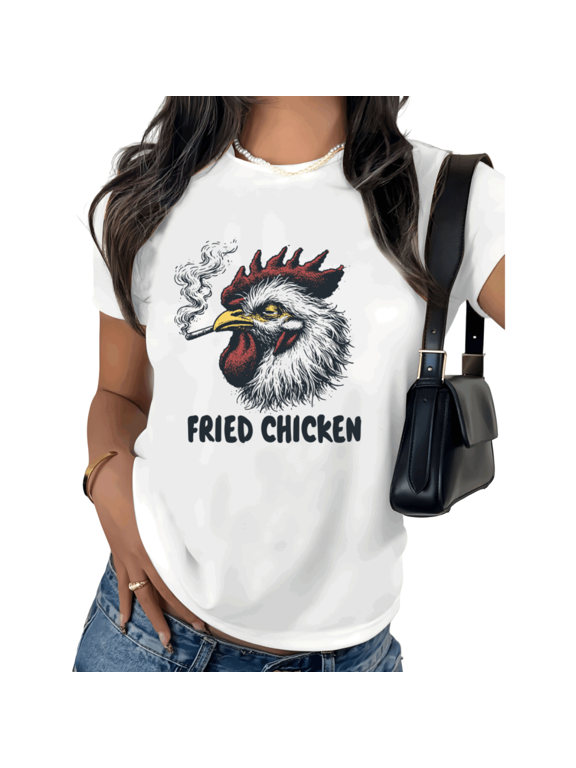 White Vacation Print Graphic Tees Fried Chicken Rooster Humor S-5XL Loose Tops