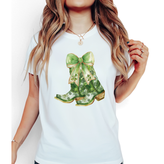 White Vacation Print Graphic Tees St Patricks Day Green Cowboy Boot S-5XL Casual Loose Tops