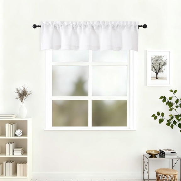 White Valances for Windows 12 Inch Length, Light Filtering Faux Linen Textured Short Kitchen Curtains Bathroom Basement, Rod Pocket Drapes Cafe Cabinet, 52" W x 12" L 1 Panel