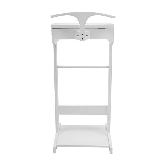 White Valet Stand for Men and Women, Wood Suit Rack, Freestanding Coat Stand, Valet Stand Clothing Rack Organizer, Contour Hanger, Trouser Bar, Tie & Belt Hooks for Entryway, Bedroom, Office