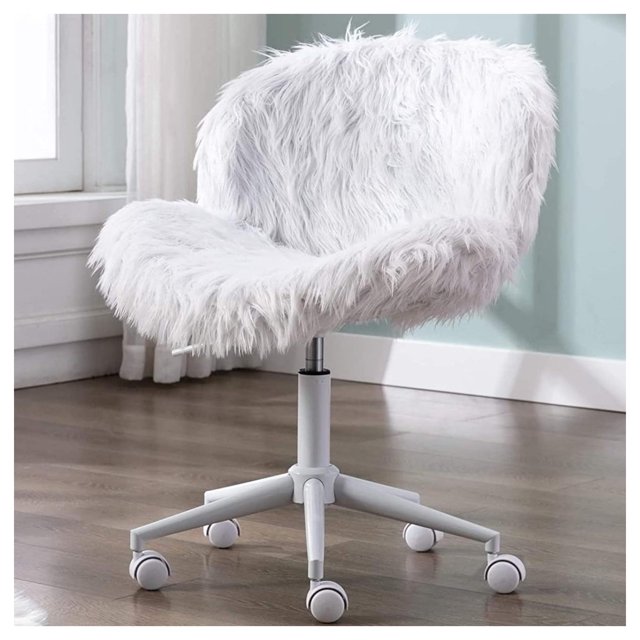 White Vanity Chair Faux Fur Swivel Desk Chair Cute Fluffy Armless Office Chair Rolling Makeup