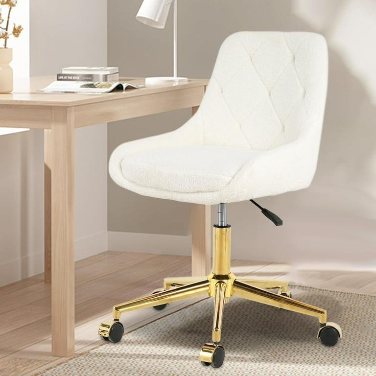 Small Rolling Vanity Chair, Gold Base Swivel Desk Chair, Plush