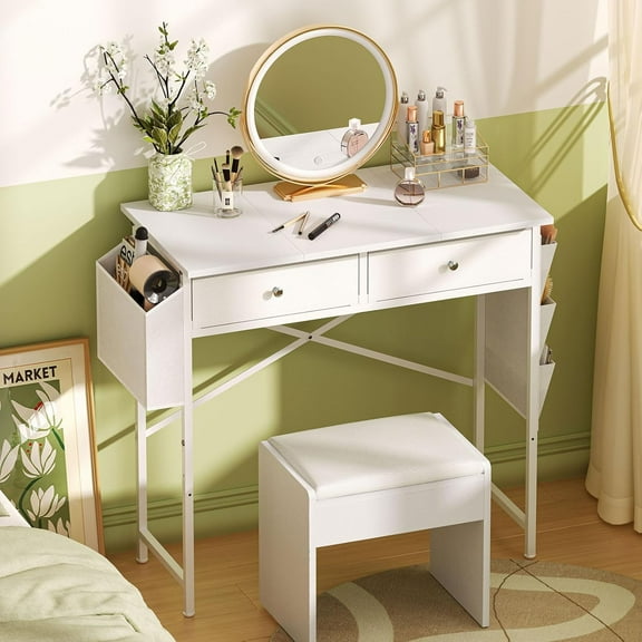 White Vanity Desk with Fabric Drawer, 32 Inch Small Makeup Vanity Desk No Mirror No Chair, Girls Dressing Table with Side Pocket, Modern Vanity Table for Cosmetics,Hair Tools in Bedroom Dressing Room