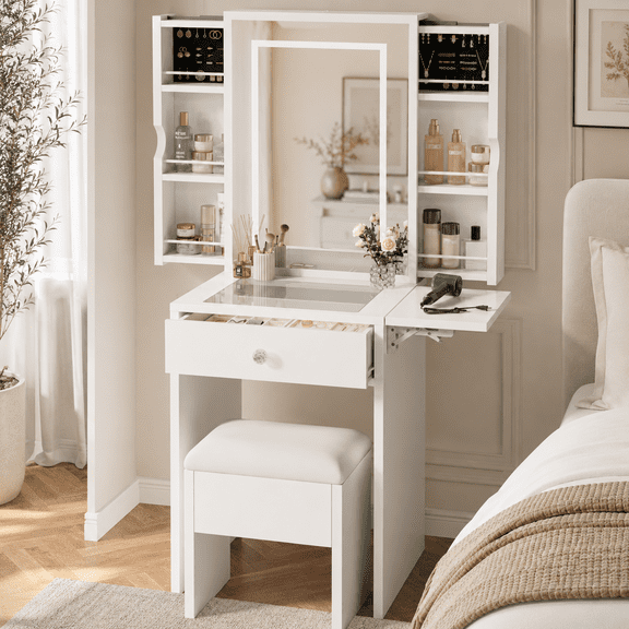 White Vanity Desk with LED Lighted Mirror, Makeup Vanity Table with Hidden Pull-Out Cabinets, Glass Tabletop, Sliding Drawer, Foldable Side Panel & Storage Stool, Compact Dressing Table for Bedroom