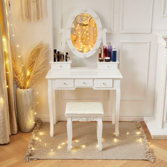 White Vanity Desk with Lights,Makeup Vanity with Lights,Vintage Vanity Dresser with Lights,Dressing Table,Vanity Set with Mirror and Stool,Vanity and Desk Combo,Tocador De Maquillaje para Mujer