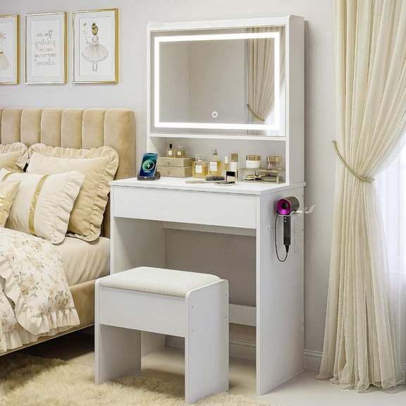 White Vanity Desk Makeup Vanity Table with Mirror and Lights and Charging Station, Small Dressing Table with with Top Shelf & Hidden Storage, Compact Dressing Desk with Stool for Bedroom
