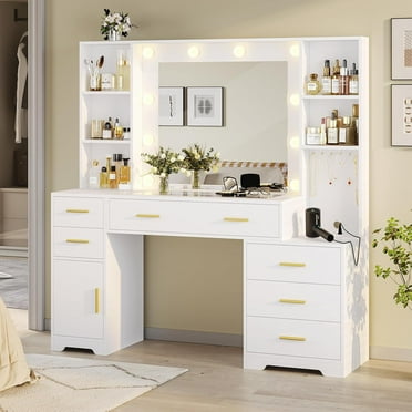 Aunfebrco White Vanity Desk Makeup Vanity Table with Mirror and Lights and Charging Station, Large Dressing Table with Storage Cabinet&6 Drawers&4 Storage Shelves for Bedroom