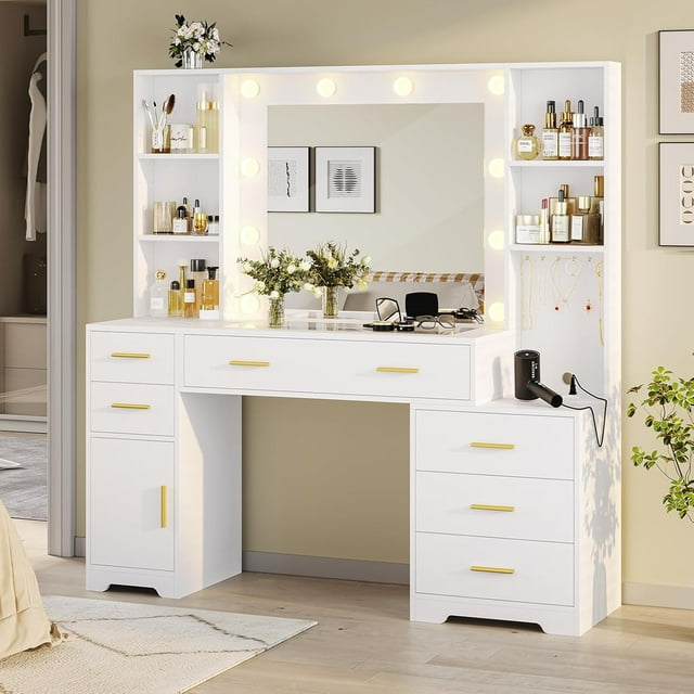 Aunfebrco White Vanity Desk Makeup Vanity Table with Mirror and Lights and Charging Station, Large Dressing Table with Storage Cabinet&6 Drawers&4 Storage Shelves for Bedroom