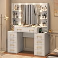 thumbnail image 1 of White Vanity Desk with Mirror & LED Lights, Glass Top Vanity Desk with Charging Station & Compartment Storage Drawers, 43" Large Makeup Vanity Table with 9 Drawers & 6 Shelves, 1 of 8
