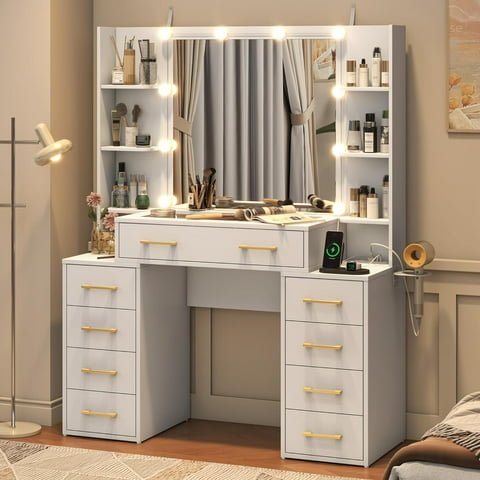 White Vanity Desk with Mirror & LED Lights, Glass Top Vanity Desk with Charging Station & Compartment Storage Drawers, 43" Large Makeup Vanity Table with 9 Drawers & 6 Shelves