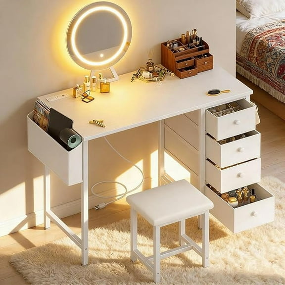 JEZWX White Vanity Desk with Mirror and Lights, Makeup Vanity Set Table with Chair, 4 Large Fabric Drawers, Power Outlet and Storage for Girls Bedroom