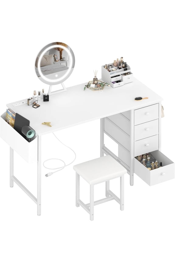 White Vanity Desk with Mirror and Light, Makeup Table Set with Chair, 8 Large Fabric Drawers & Power Outlet for Girls Bedroom