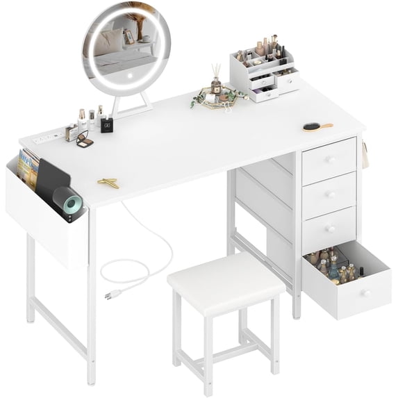 White Vanity Desk with Mirror and Light, Makeup Table Set with Chair, 8 Large Fabric Drawers & Power Outlet for Girls Bedroom