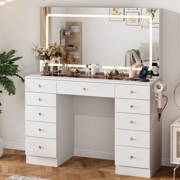 White Vanity Desk with Mirror and Lights,11 Drawers Makeup Vanity Desk with Tempered Glass top, Adjustable Brightness with 3 Lighting Modes,Vanity with Magnetic 5X Magnifier for Bedroom
