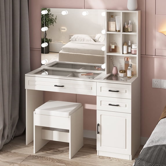 White Vanity Desk with Mirror and Lights,Glass Top Makeup Vanity Table with 3 Drawers and Cabinets,Large HD Mirror Makeup Desk with Lights,3 Lighting Modes, Brightness Adjustable,45 in(L)