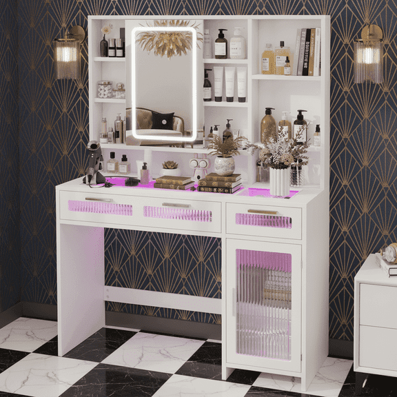 Danpinera Home White Vanity Desk with Mirror and LED Lights, Makeup Vanity with Power Outlet, 2 Drawers, 10 Storage Shelves & Acrylic Door Cabinet for Bedroom or Dressing Room