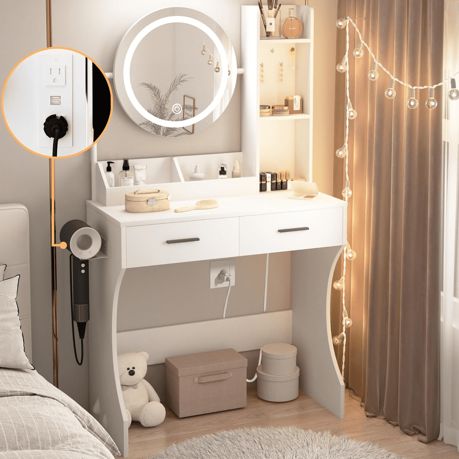 White Vanity Desk with Mirror and Lights Makeup Vanity with Round