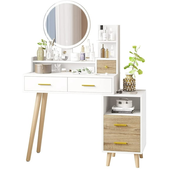 White Vanity Desk with Mirror and Lights,Makeup Table with 5 Drawers & Nightstand for Women Girls,Makeup Vanity with Lights in 3 Colors & Touch Screen