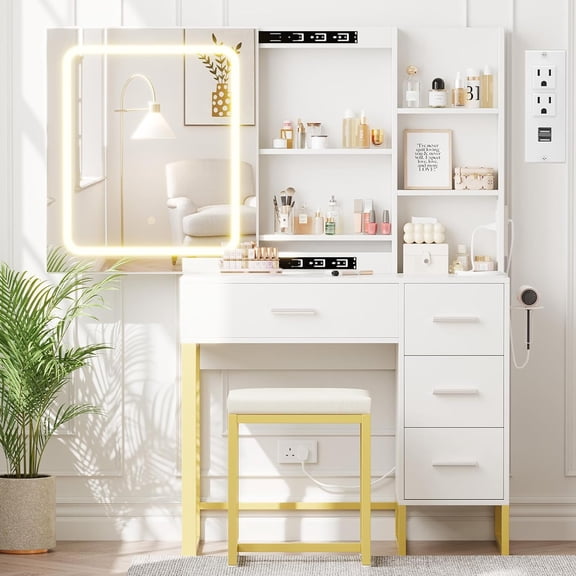 White Vanity Desk with Mirror and Lights, Makeup Vanity Desk with Sliding LED Lighted Mirror, Power Outlet, Makeup Vanity Set with 4 Drawers, Storage Shelves, Cushioned Stool for Bedroom