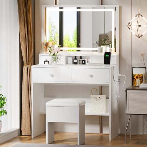 White Vanity Desk with Mirror and Lights, Makeup Vanity Table with 4 Drawers and Charging Station, Dressing Table Set with Storage Chair for Bedroom Dressing Room$$Home Decor, Kitchen, & Other