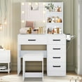 thumbnail image 1 of White Vanity Desk with Mirror and Lights, UHOMEPRO Makeup Vanity Table Set with 5 Storage Drawers and Open Shelves, Modern Makeup Dressing Table with Cushion Stool and Hair Dryer Rack for Girls, 1 of 11