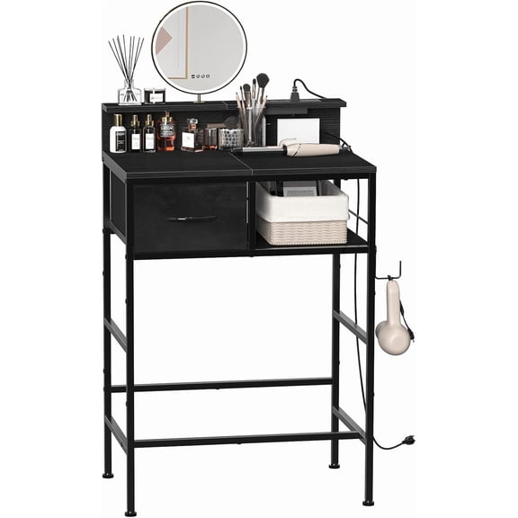 White Vanity Desk No Mirror, Makeup Vanity Table with Fabric Drawer & Iron Hook, Dressing Table with Power Outlet for Girls Bedroom, Simple Home Office Computer Desk for Small Spaces
