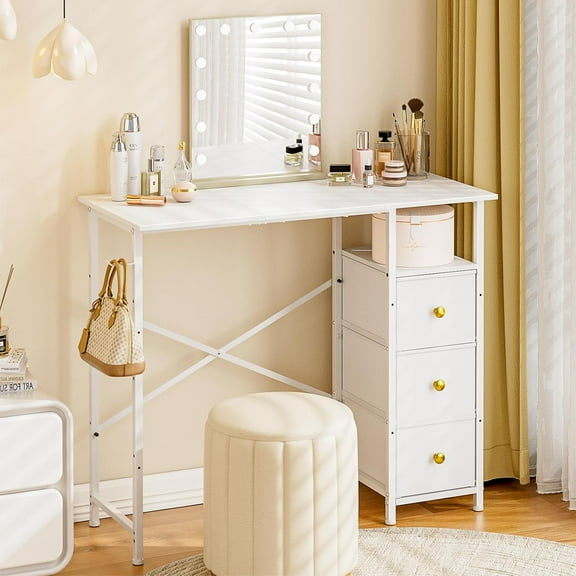 White Vanity Desk Without Mirror, Small Makeup Desk withFabric Drawers,Dressing Table with Storage, Vanity Table for Bedroom with Hook, White