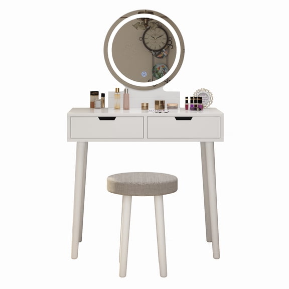 White Vanity Desk Set, Makeup Table with Touch Screen 3 Colors Adjustable Lighted Mirror, Dressing Table and Cushioned Stool Set with 2 Large Drawers for Bedroom, Bathroom