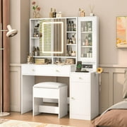 White Vanity Desk with Sliding Mirror & Lights, Vanity Table Makeup Desk with Charging Station 2 Drawers 2 Doors, Lots of Storage Shelves, Large Vanity Set with Cushioned Stool(White)